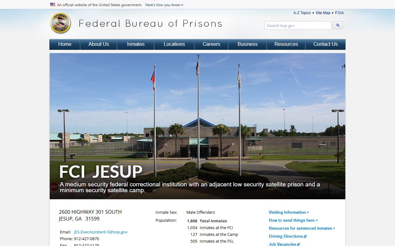 FCI Jesup federal inmate population facility page